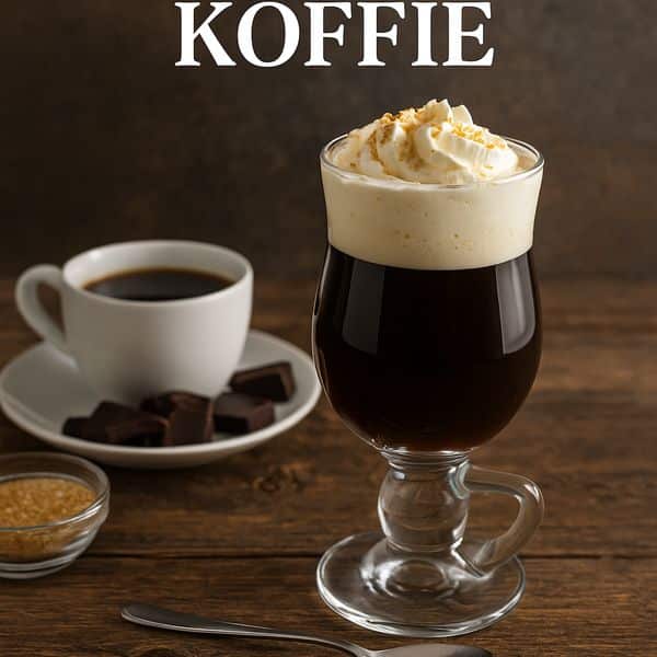Glas coffee met een royale laag slagroom op een houten tafel. Op de achtergrond staan een kop zwarte koffie, chocoladestukjes en bruine suiker