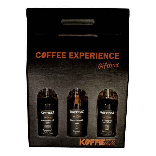 Stoere geschenkdoos met een flesje koffie likeur, flesje koffiebonen rum en een flesje BBQ koffie rub