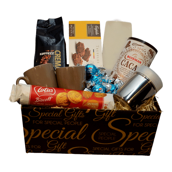 Luxe cadeaupakket met koffie, mokken, chocolade, koekjes en snoepjes verpakt in een stijlvolle geschenkdoos