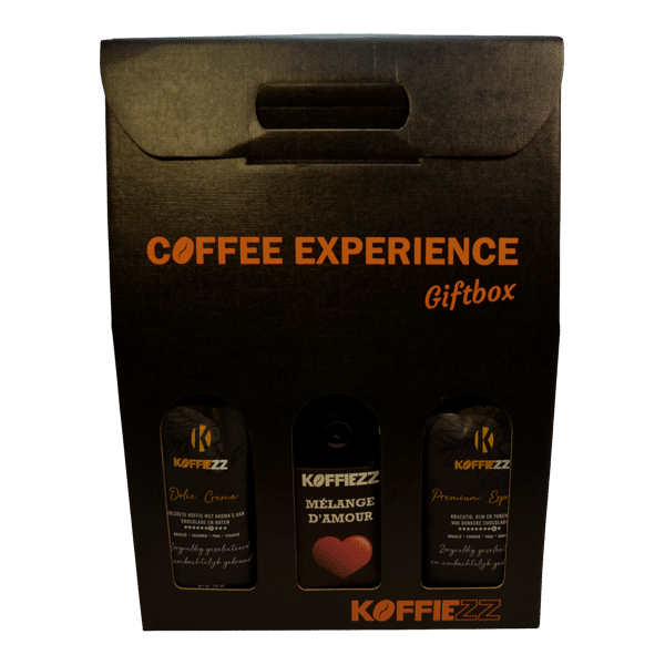 Geschenkdoos met een zak dolce crema koffie, zak premium espresso koffie en een zak mélange d'amour