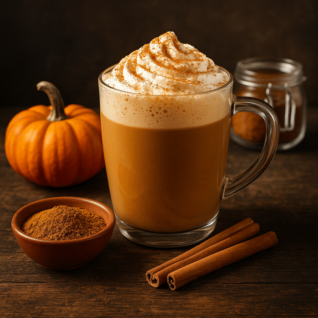 Glazen mok met romige pumpkin spice latte, afgewerkt met slagroom en kaneel. Op tafel liggen een pompoen, kaneelstokjes en specerijen voor een warme herfstsfeer