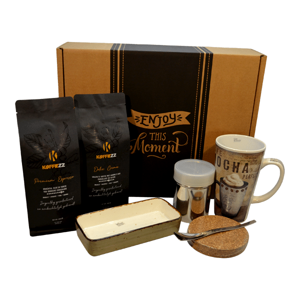 Luxe koffiecadeaupakket met twee soorten premium koffie, een koffiemok, schaal en lepel, verpakt in een stijlvolle geschenkdoos met de tekst 'Enjoy This Moment'