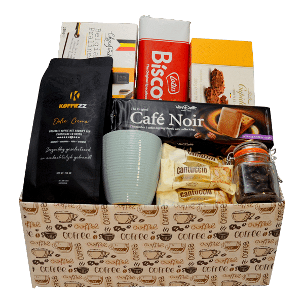 Luxe cadeaupakket met koffie, mok, chocolade, koekjes en snoepjes verpakt in een stijlvolle geschenkdoos