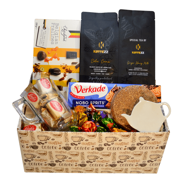 Luxe cadeaupakket met thee, koffie, schaaltje, Belgische pralines en chocolade, verpakt in een stijlvolle geschenkdoos