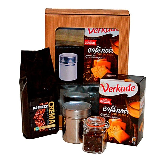Luxe cadeaupakket met koffie, chocolade en koekjes, verpakt in een stijlvolle vensterdoos