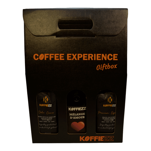 Geschenkdoos met een zak dolce crema koffie, zak premium espresso koffie en een zak mélange d'amour